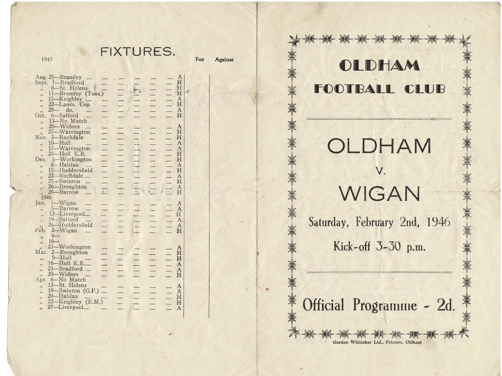 Programme cover: Oldham v Wigan, 2 February 1946
