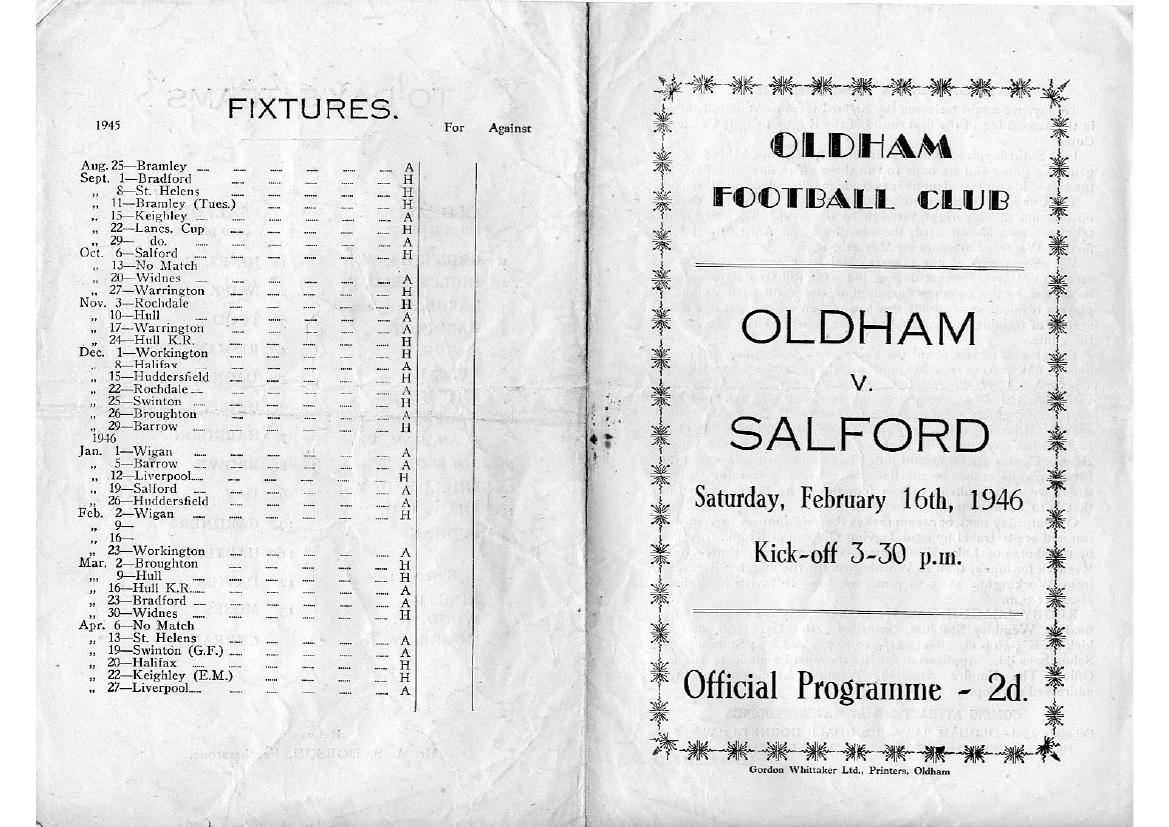 Programme cover: Oldham v Salford, 16 February 1946