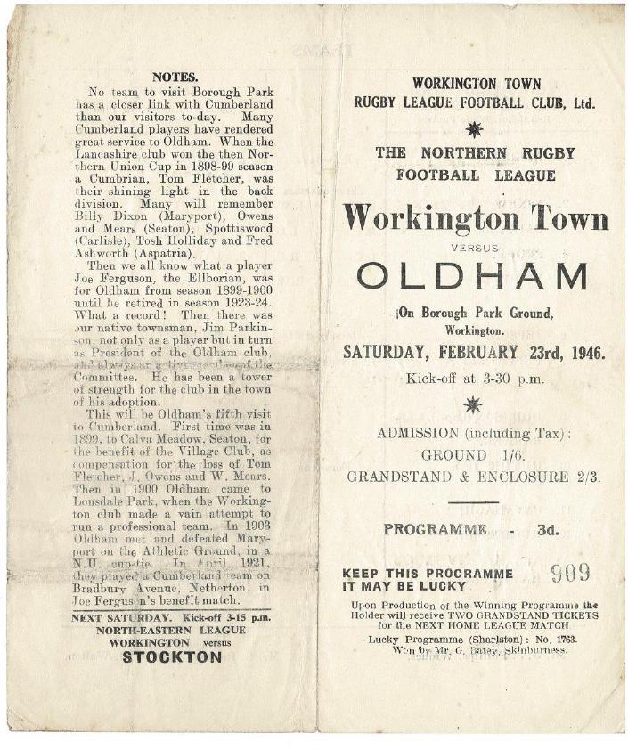 Programme cover: Oldham v Workington Town, 23 February 1946