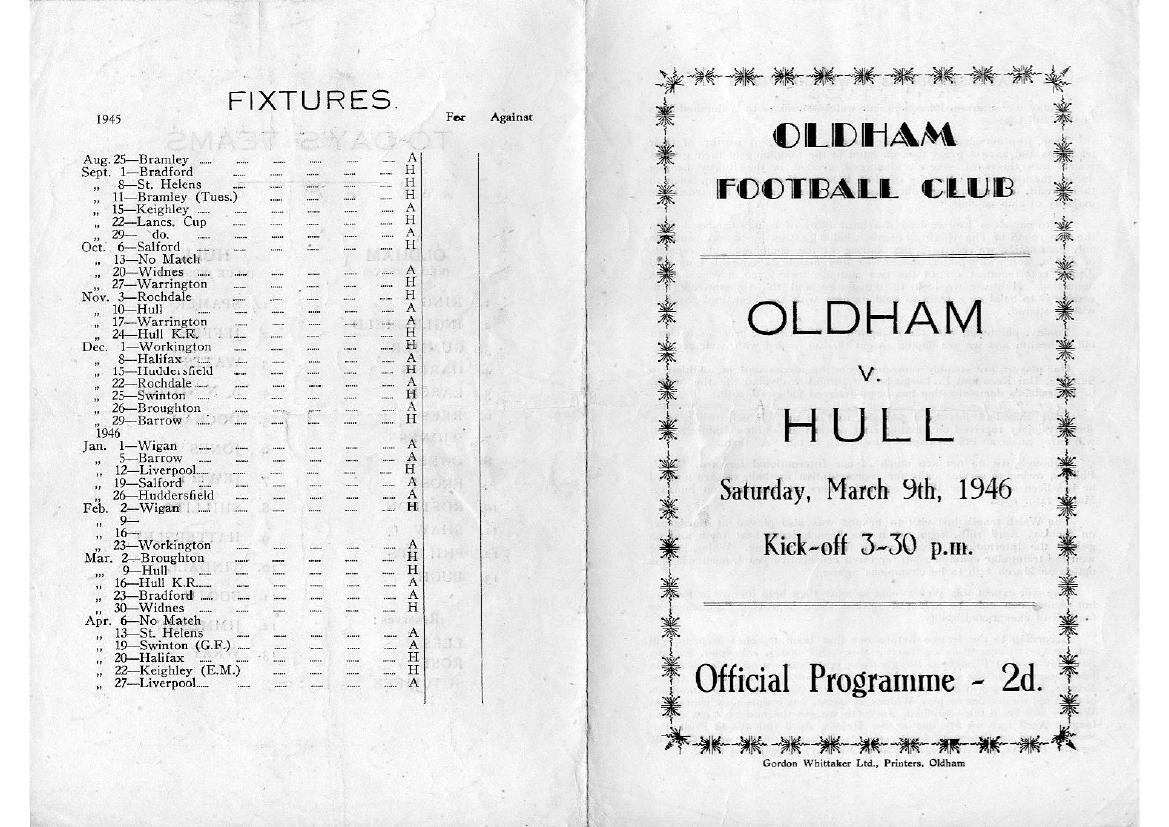 Programme cover: Oldham v Hull FC, 9 March 1946