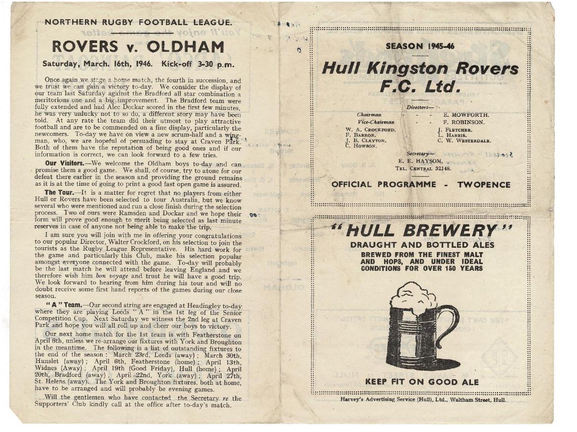 Programme cover: Oldham v Hull Kingston Rovers, 16 March 1946