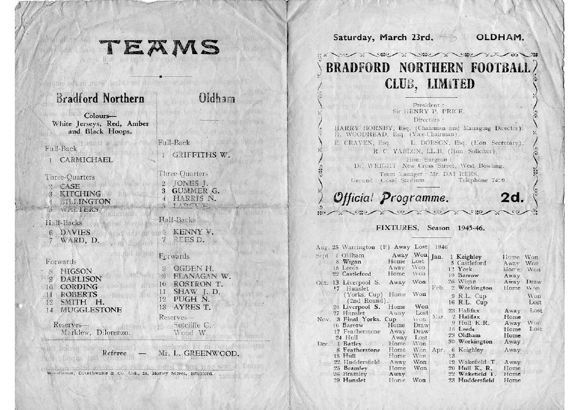 Programme cover: Oldham v Bradford Northern, 23 March 1946