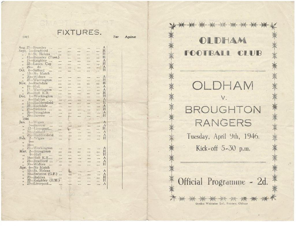 Programme cover: Oldham v Broughton Rangers, 9 April 1946