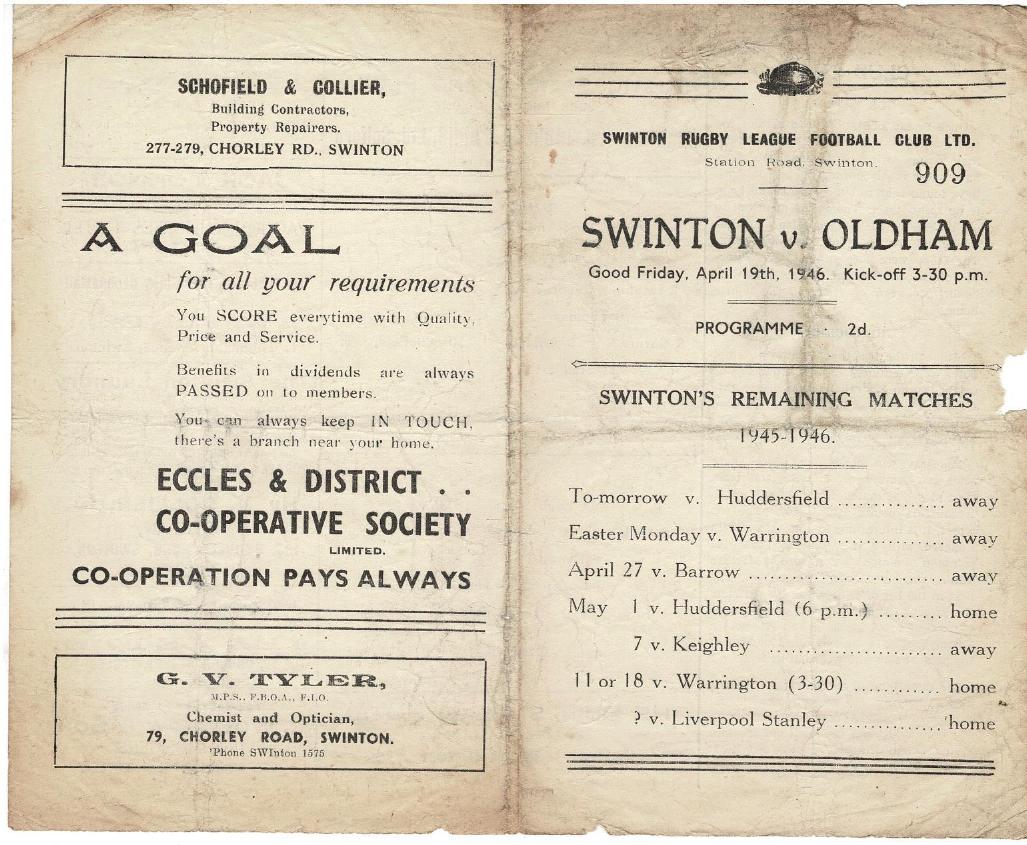 Programme cover: Oldham v Swinton, 19 April 1946