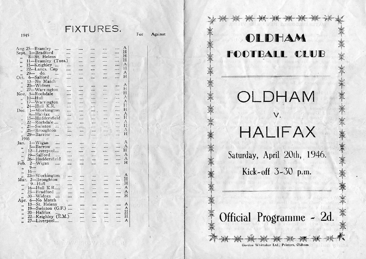 Programme cover: Oldham v Halifax, 20 April 1946