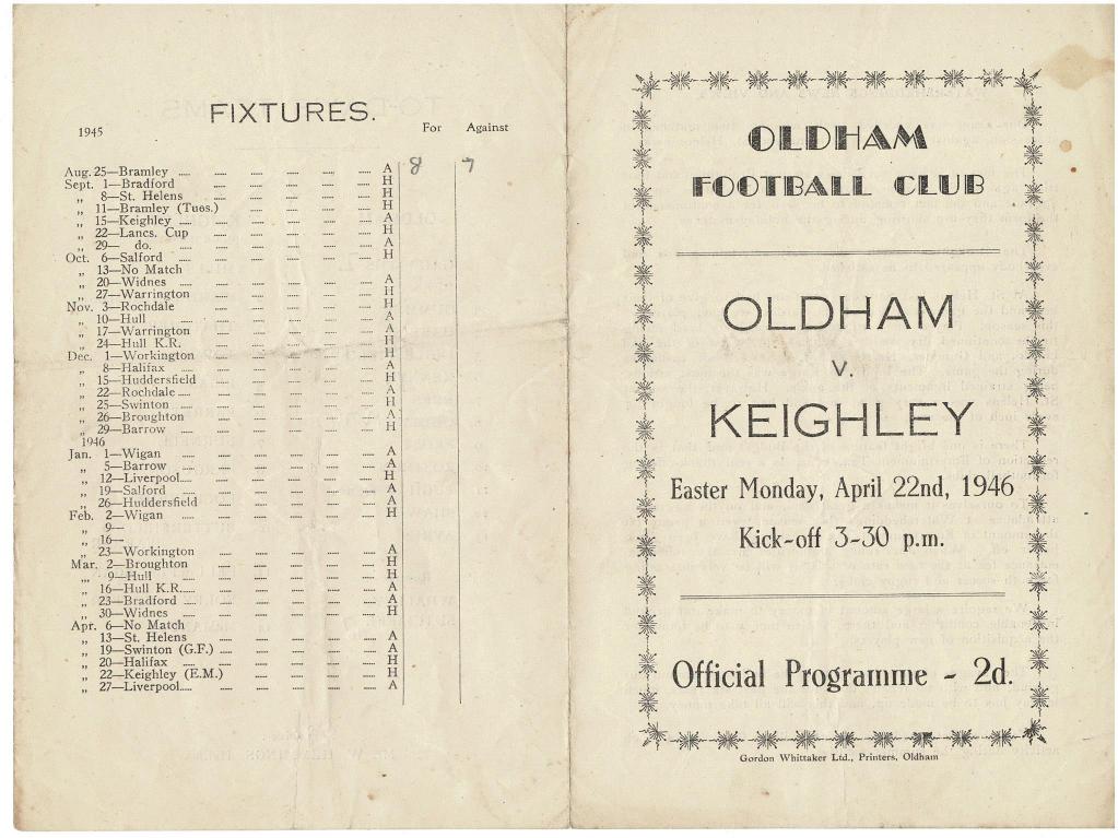 Programme cover: Oldham v Keighley, 22 April 1946