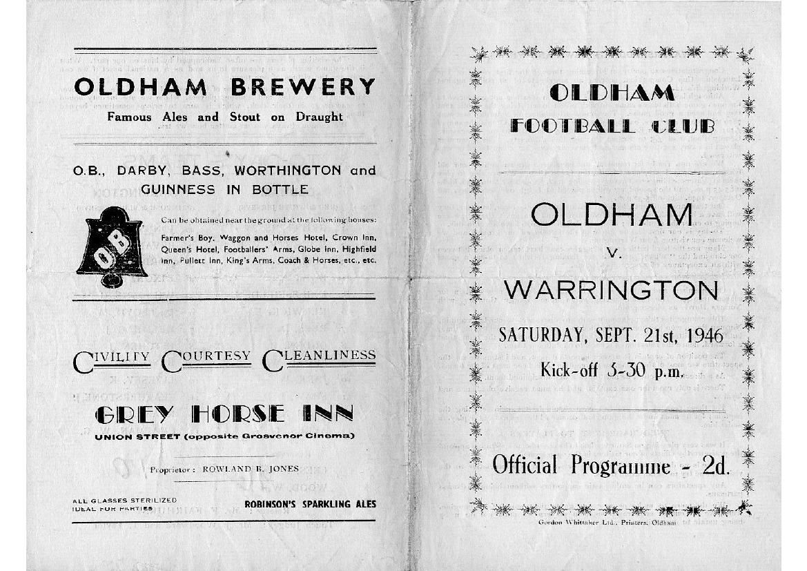 Programme cover: Oldham v Warrington, 21 September 1946