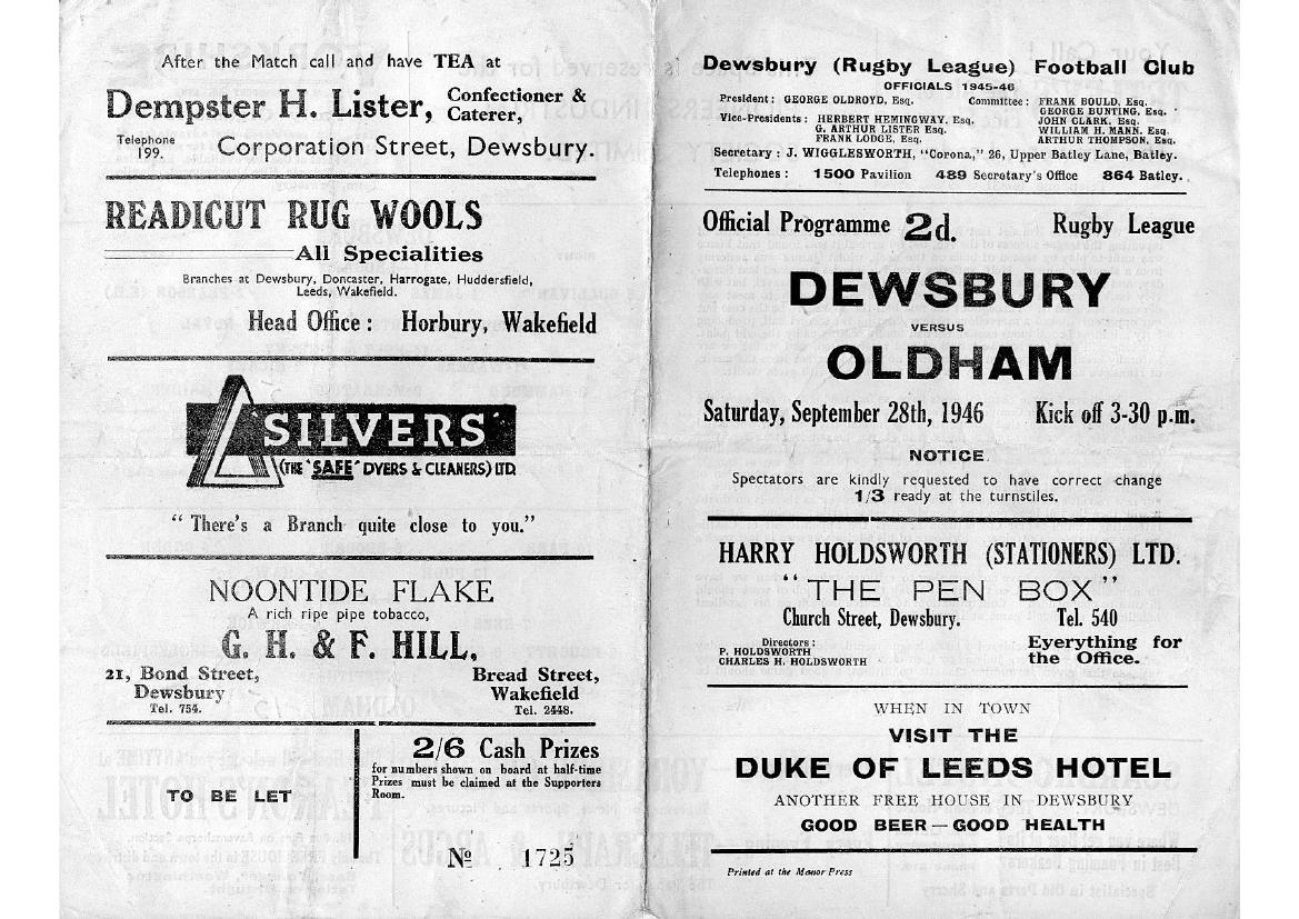 Programme cover: Oldham v Dewsbury, 28 September 1946