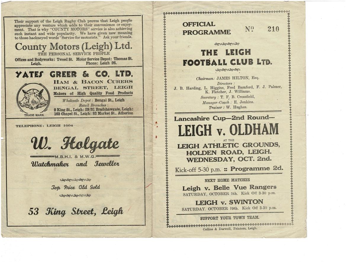 Programme cover: Oldham v Leigh, 2 October 1946