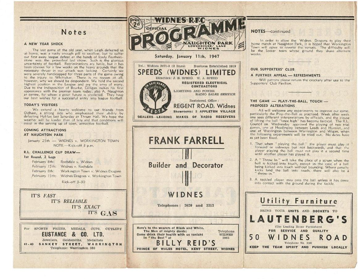 Programme cover: Oldham v Widnes, 11 January 1947