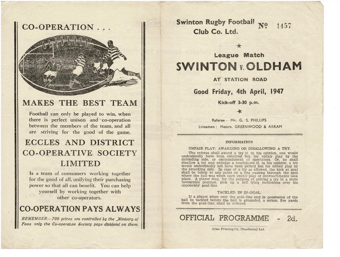 Programme cover: Oldham v Swinton, 4 April 1947