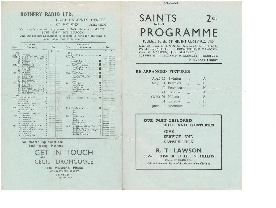 Programme cover: Oldham v St Helens, 12 April 1947