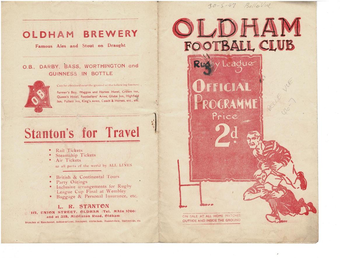 Programme cover: Oldham v Belle Vue Rangers, 30 May 1947