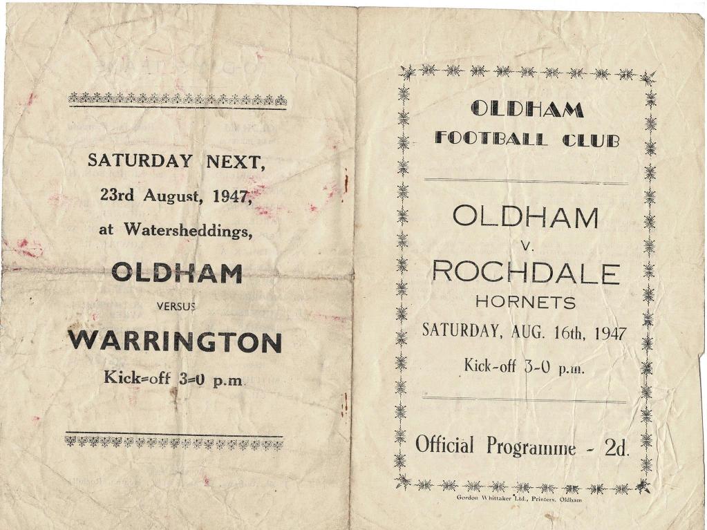 Programme cover: Oldham v Rochdale Hornets, 16 August 1947