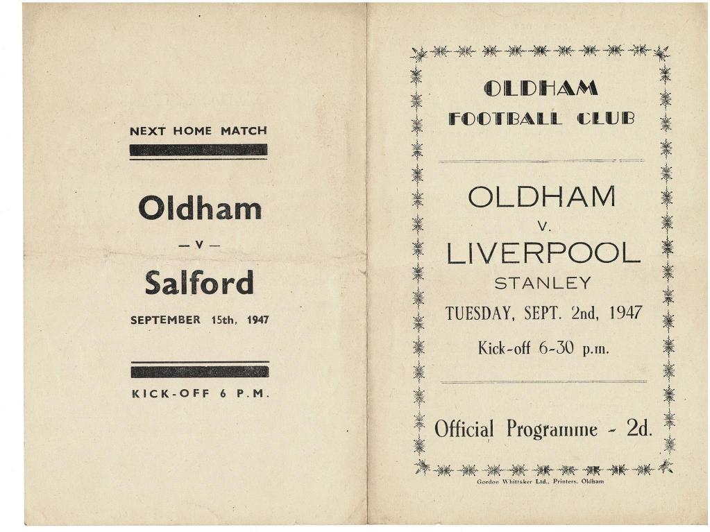 Programme cover: Oldham v Liverpool Stanley, 2 September 1947