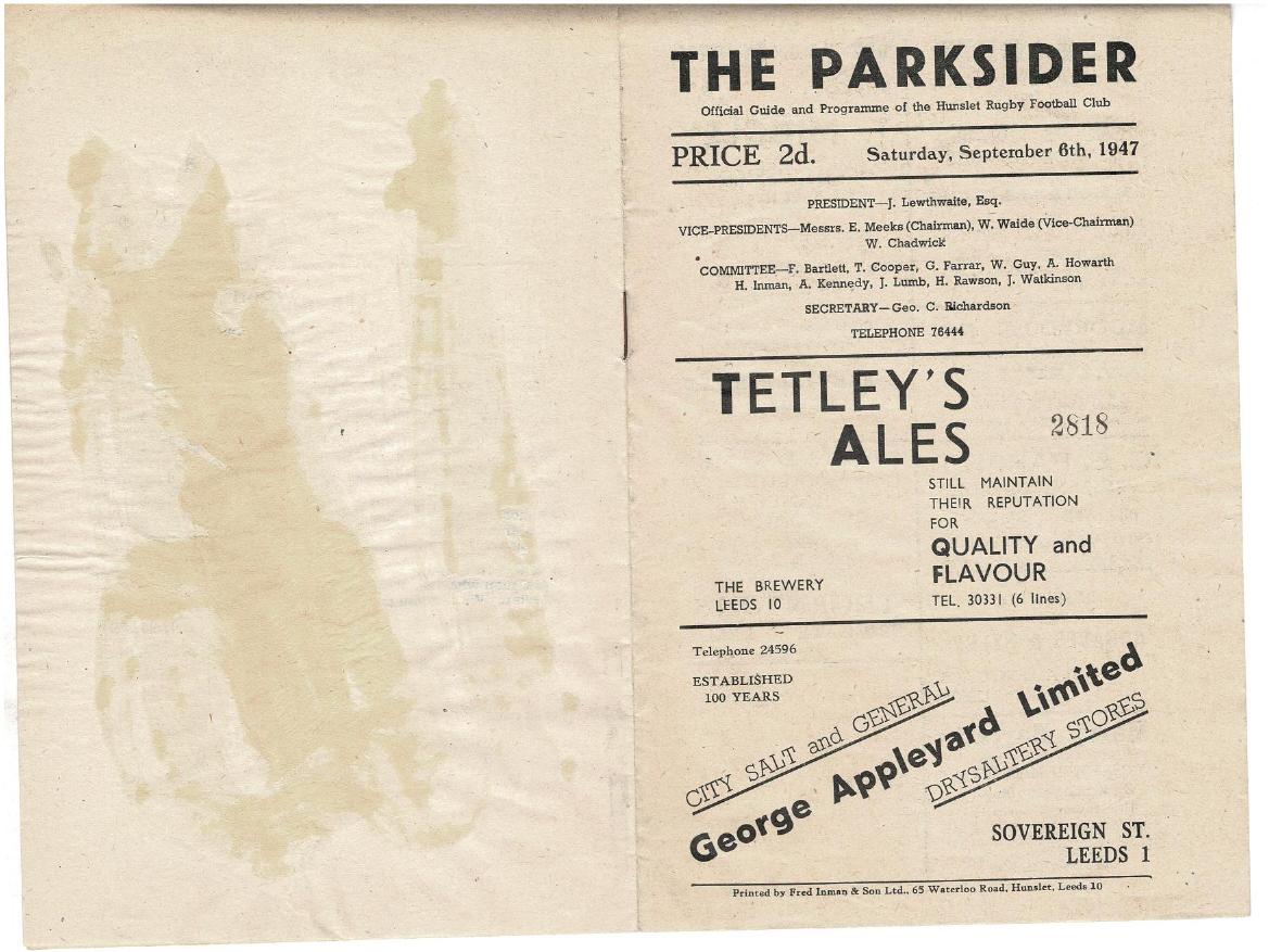 Programme cover: Oldham v Hunslet, 6 September 1947