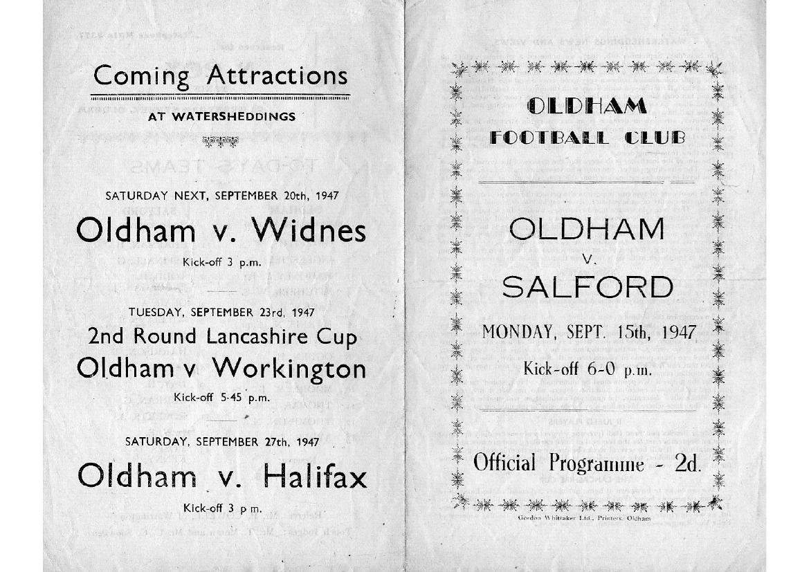Programme cover: Oldham v Salford, 15 September 1947