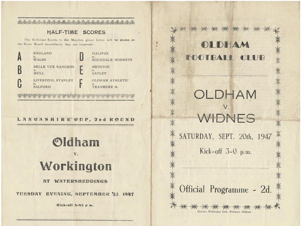 Programme cover: Oldham v Widnes, 20 September 1947