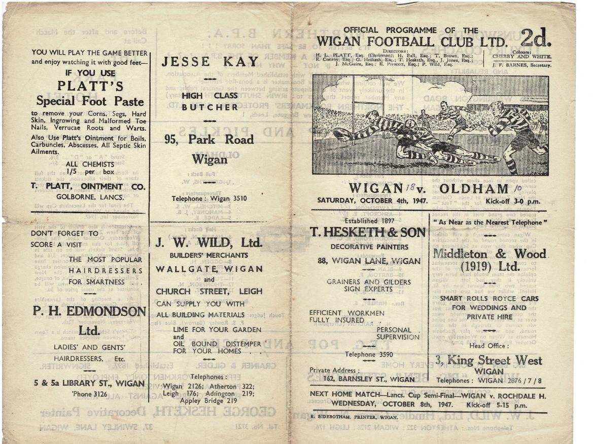 Programme cover: Oldham v Wigan, 4 October 1947