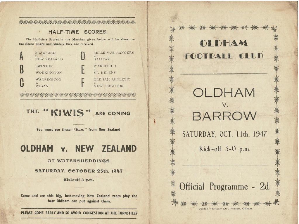 Programme cover: Oldham v Barrow, 11 October 1947