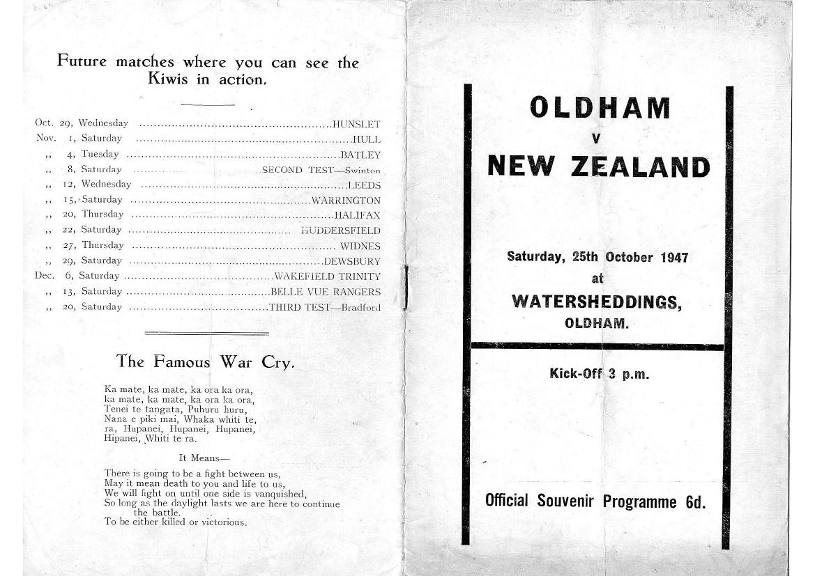 Programme cover: Oldham v New Zealand, 25 October 1947