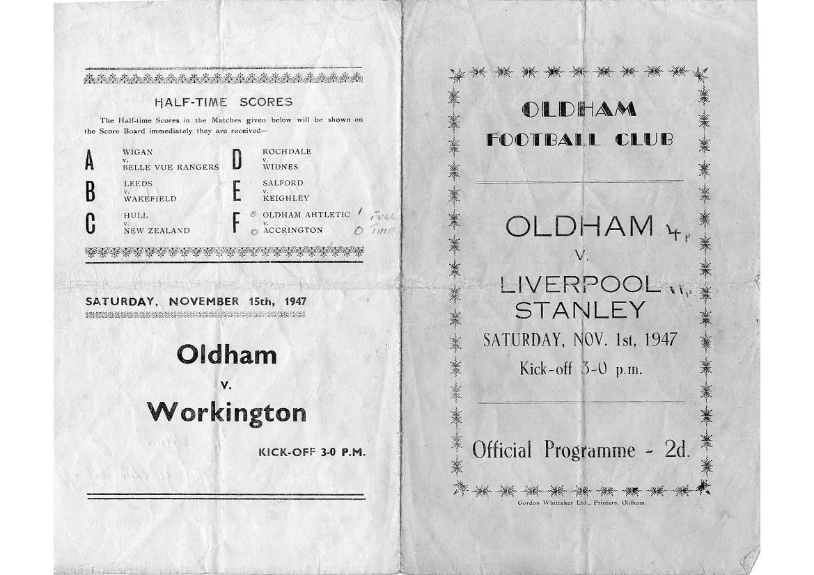 Programme cover: Oldham v Liverpool Stanley, 1 November 1947