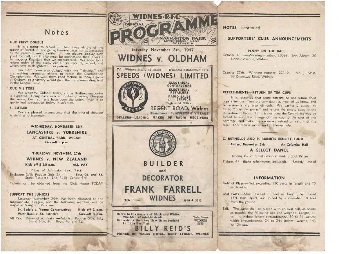 Programme cover: Oldham v Widnes, 8 November 1947