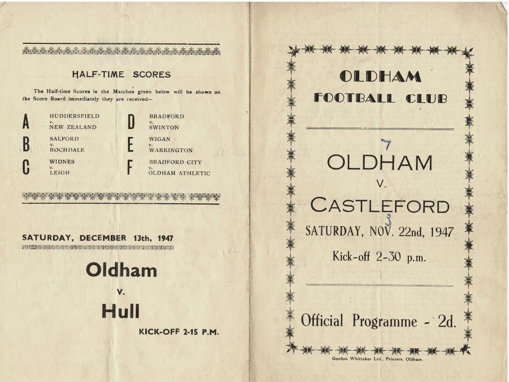 Programme cover: Oldham v Castleford, 22 November 1947