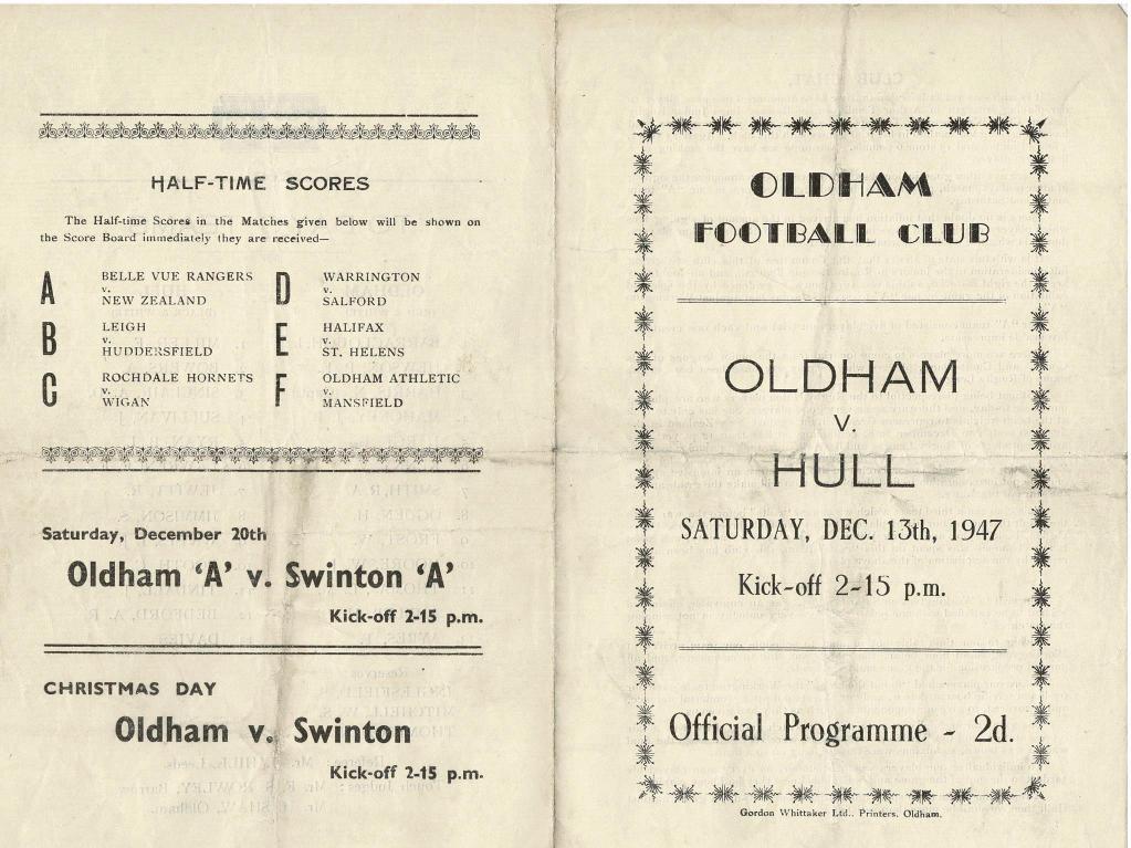 Programme cover: Oldham v Hull FC, 13 December 1947