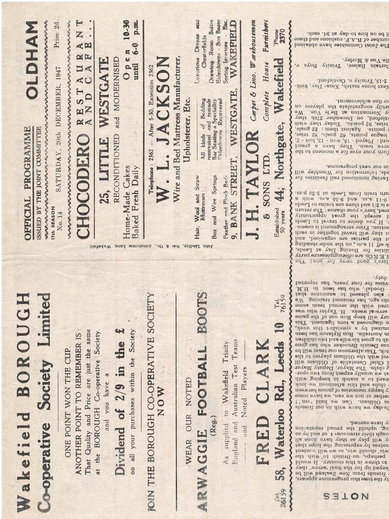 Programme cover: Oldham v Wakefield Trinity, 20 December 1947