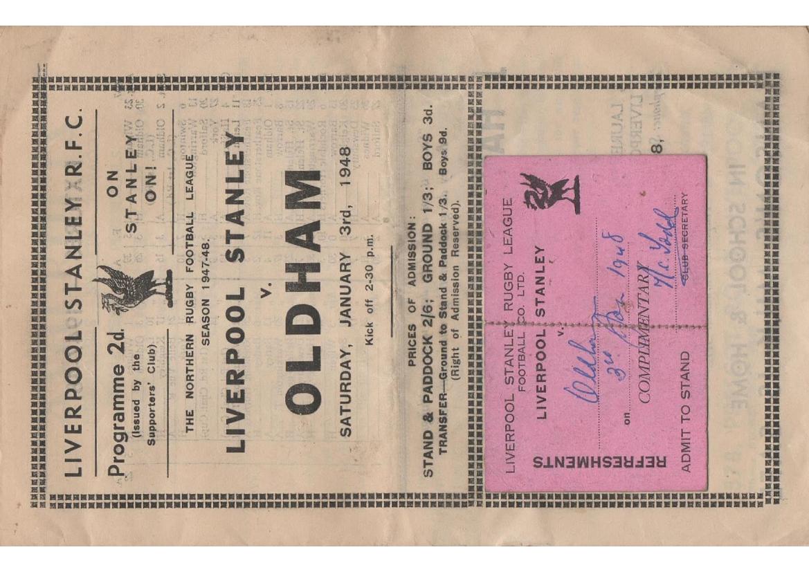 Programme cover: Oldham v Liverpool Stanley, 3 January 1948