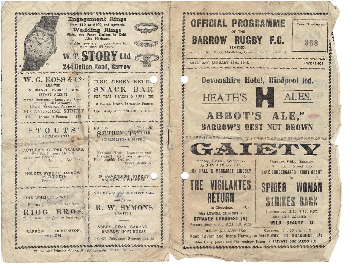 Programme cover: Oldham v Barrow, 17 January 1948