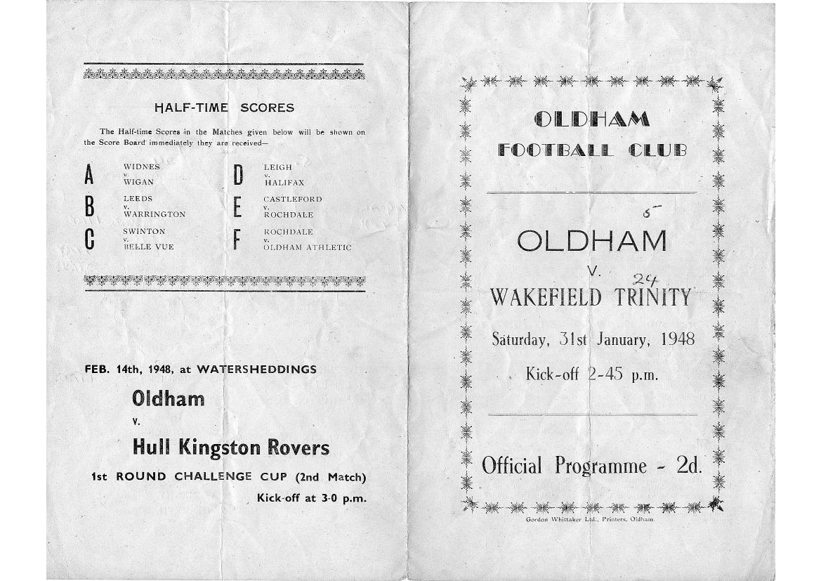 Programme cover: Oldham v Wakefield Trinity, 31 January 1948