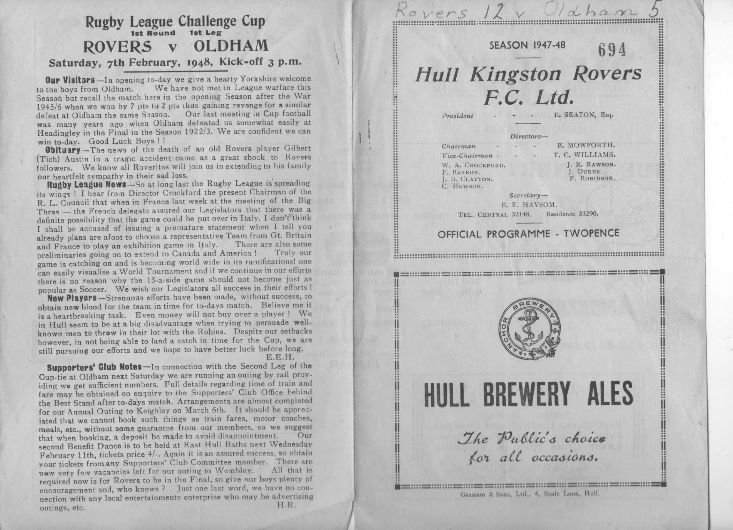 Programme cover: Oldham v Hull Kingston Rovers, 7 February 1948