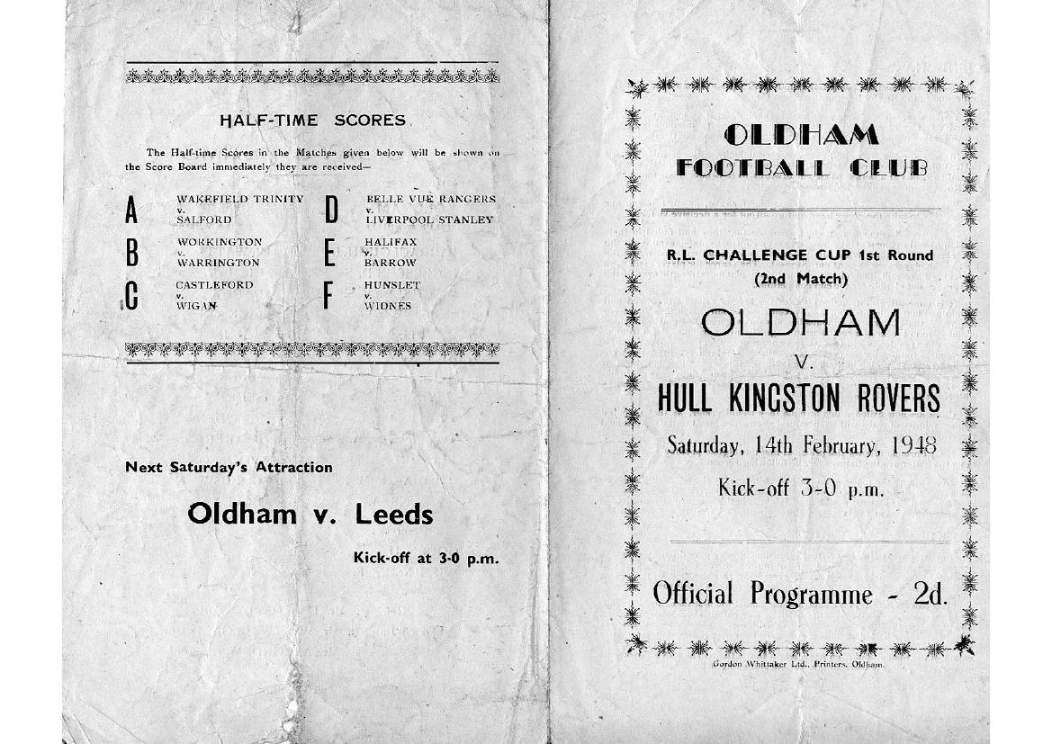 Programme cover: Oldham v Hull Kingston Rovers, 14 February 1948