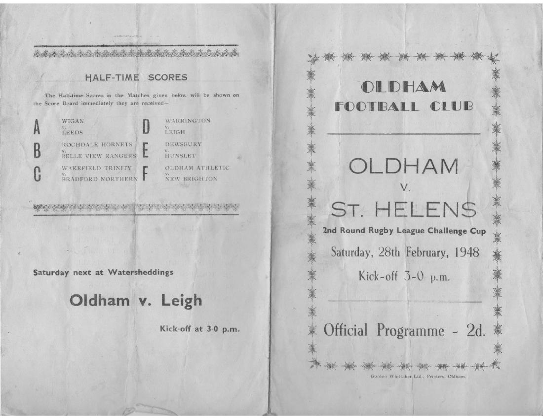 Programme cover: Oldham v St Helens, 28 February 1948