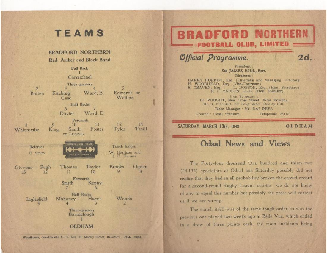 Programme cover: Oldham v Bradford Northern, 13 March 1948