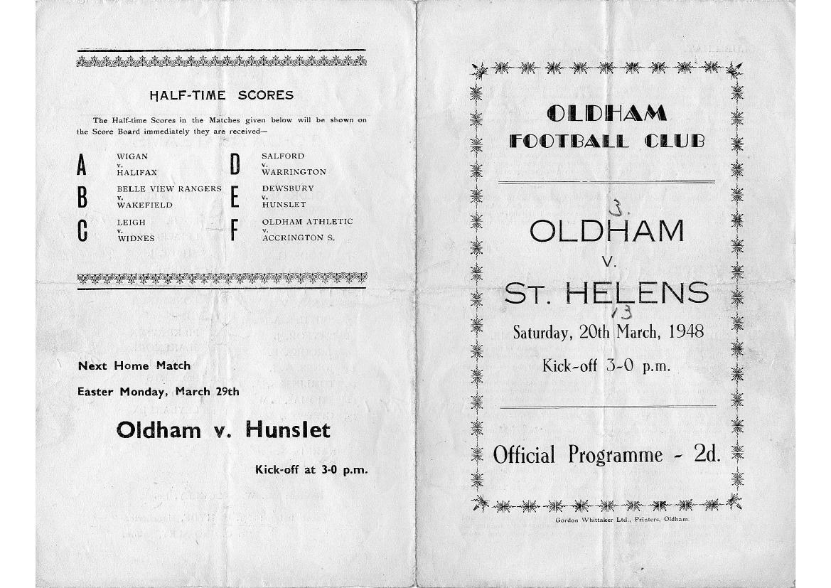 Programme cover: Oldham v St Helens, 20 March 1948
