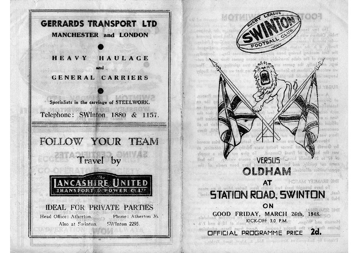 Programme cover: Oldham v Swinton, 26 March 1948