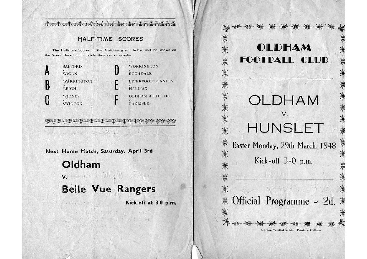 Programme cover: Oldham v Hunslet, 29 March 1948