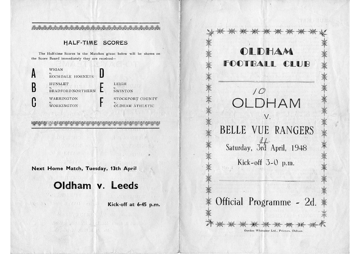 Programme cover: Oldham v Belle Vue Rangers, 3 April 1948