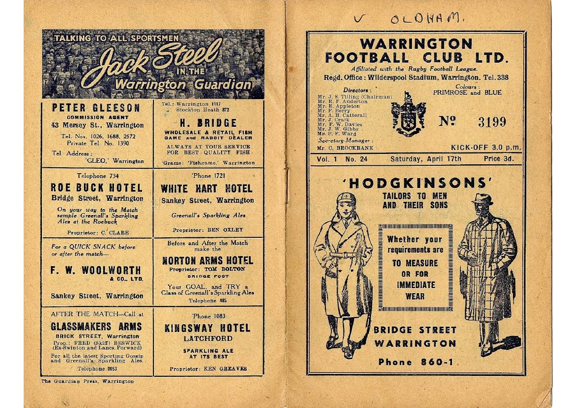 Programme cover: Oldham v Warrington, 17 April 1948