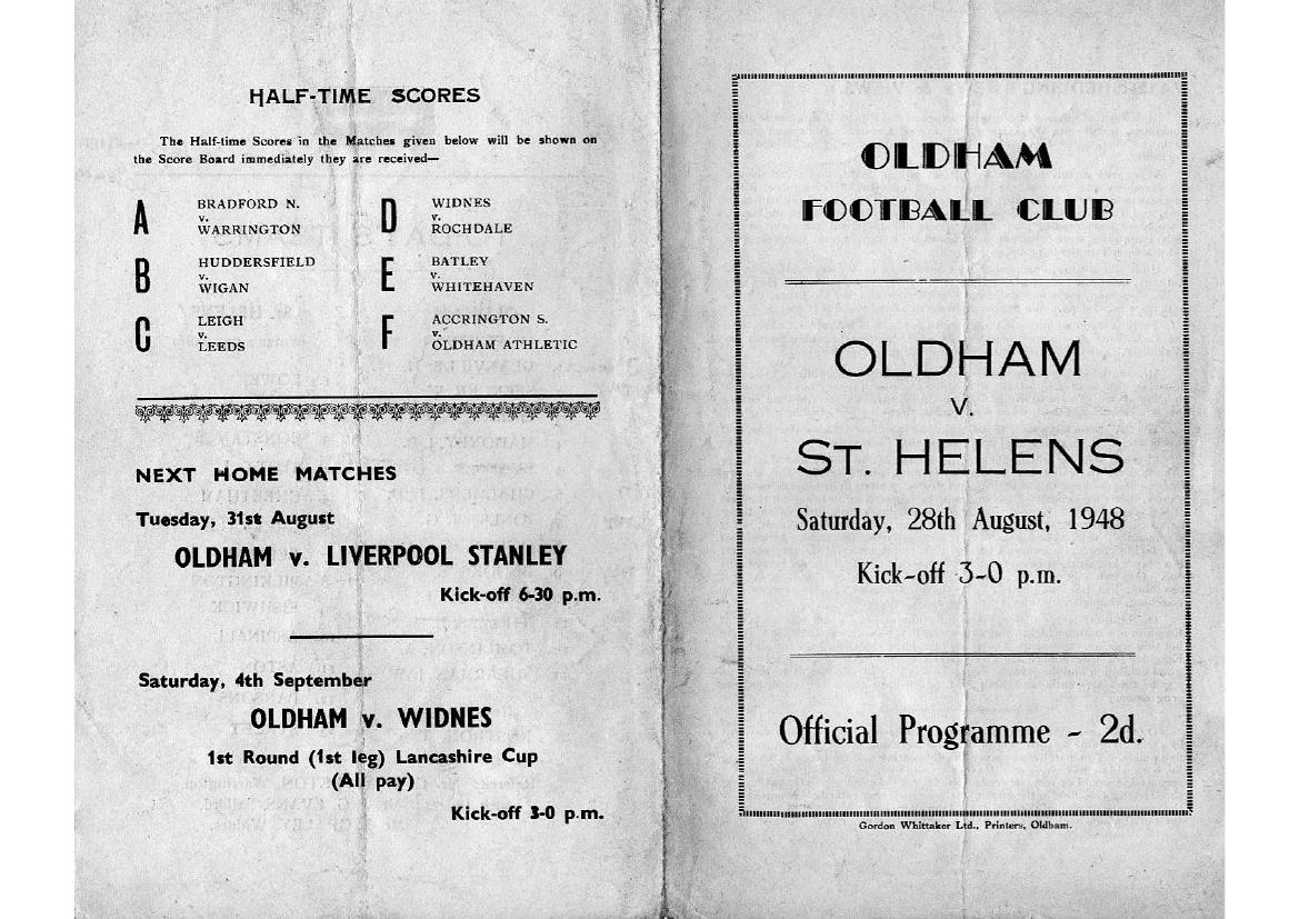 Programme cover: Oldham v St Helens, 28 August 1948