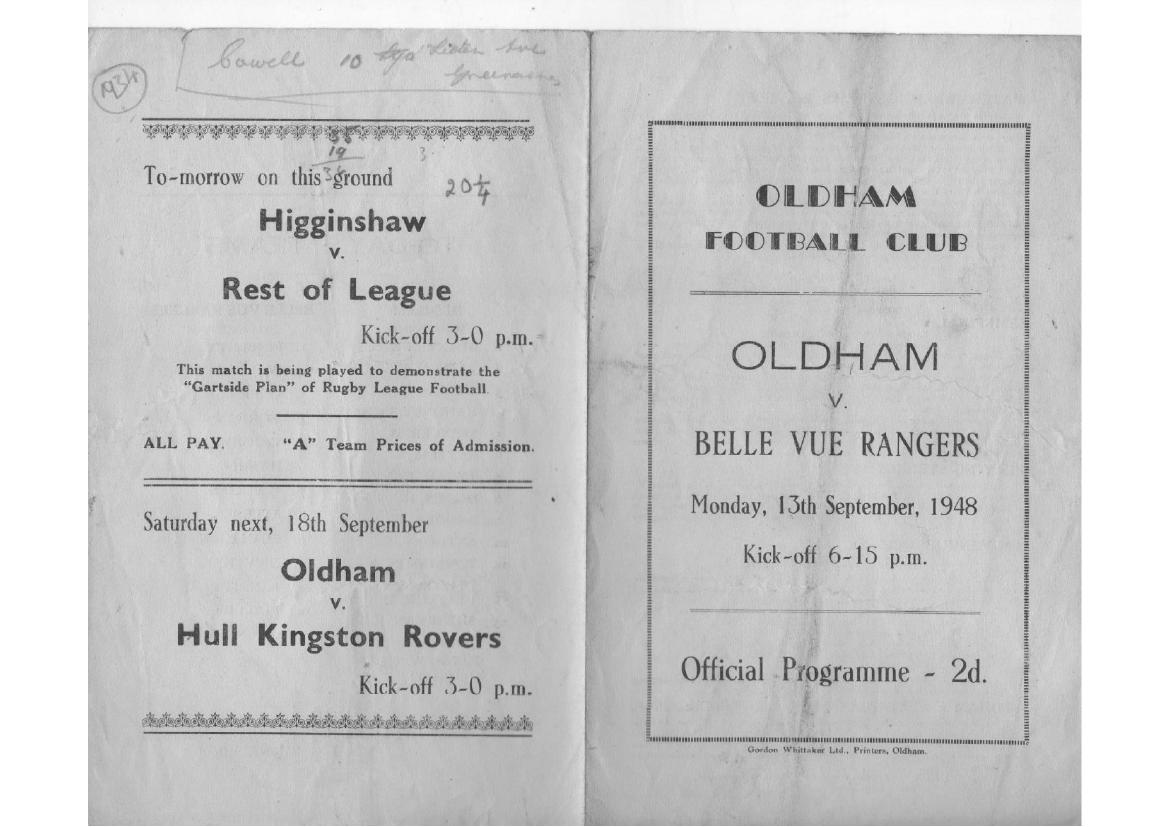 Programme cover: Oldham v Belle Vue Rangers, 13 September 1948