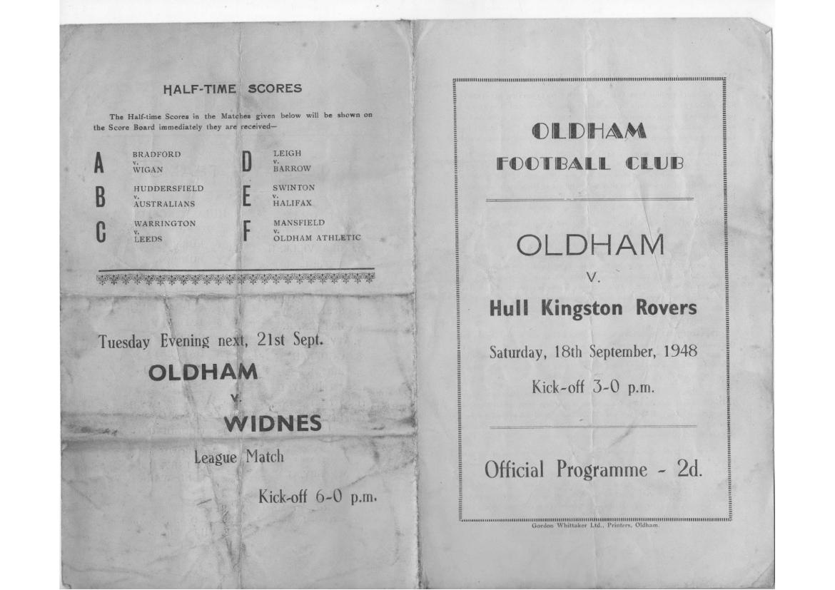 Programme cover: Oldham v Hull Kingston Rovers, 18 September 1948