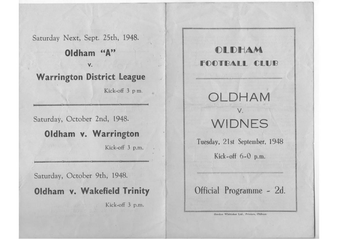 Programme cover: Oldham v Widnes, 21 September 1948