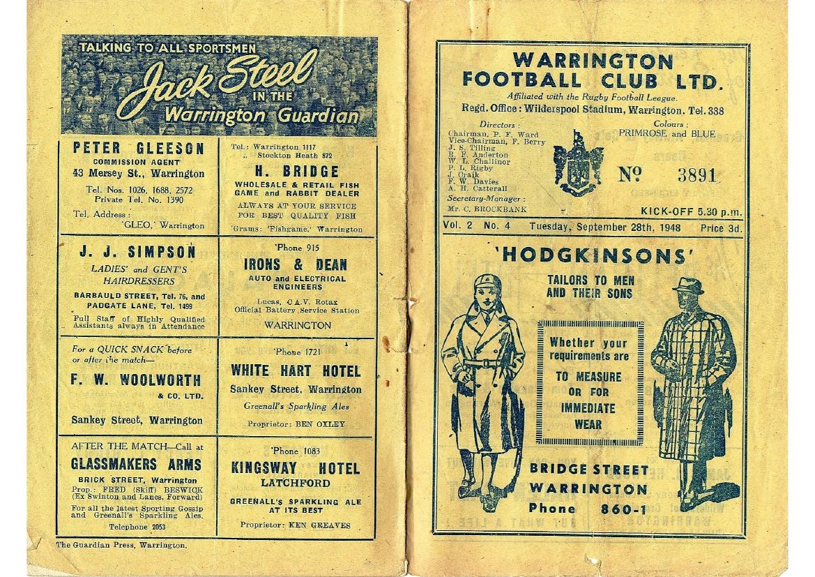 Programme cover: Oldham v Warrington, 28 September 1948