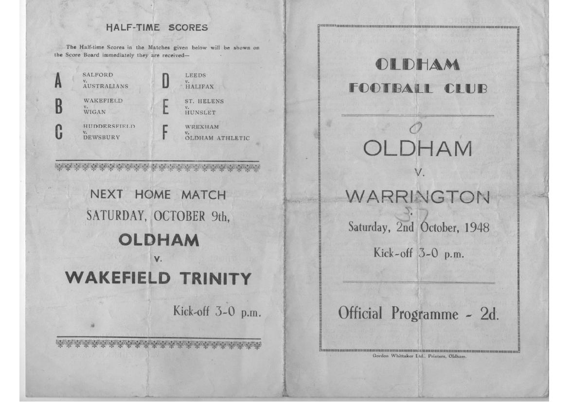 Programme cover: Oldham v Warrington, 2 October 1948