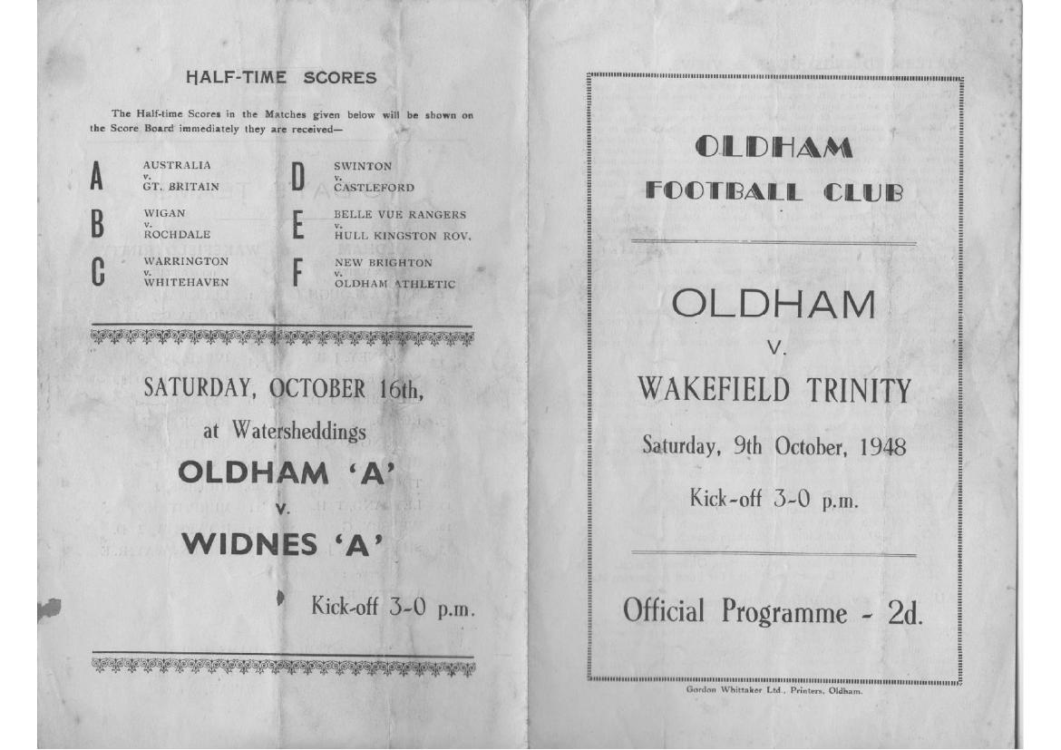 Programme cover: Oldham v Wakefield Trinity, 9 October 1948