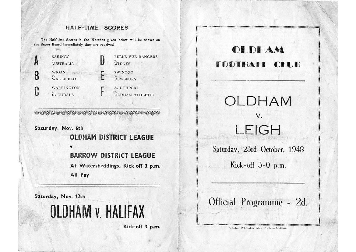 Programme cover: Oldham v Leigh, 23 October 1948